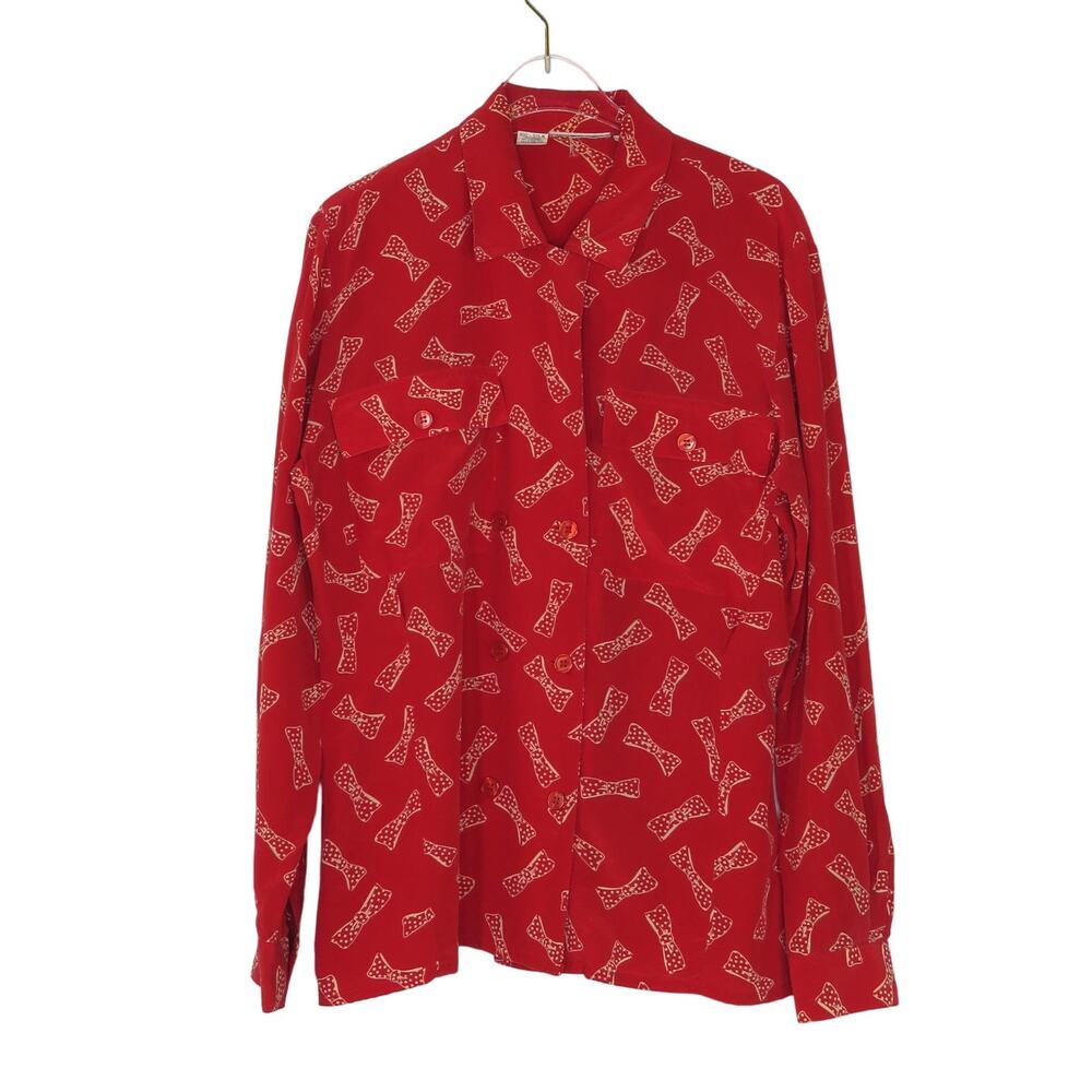 1980s Vintage Red Silk Button Down Collared Blouse with Polka Dot Bows Small